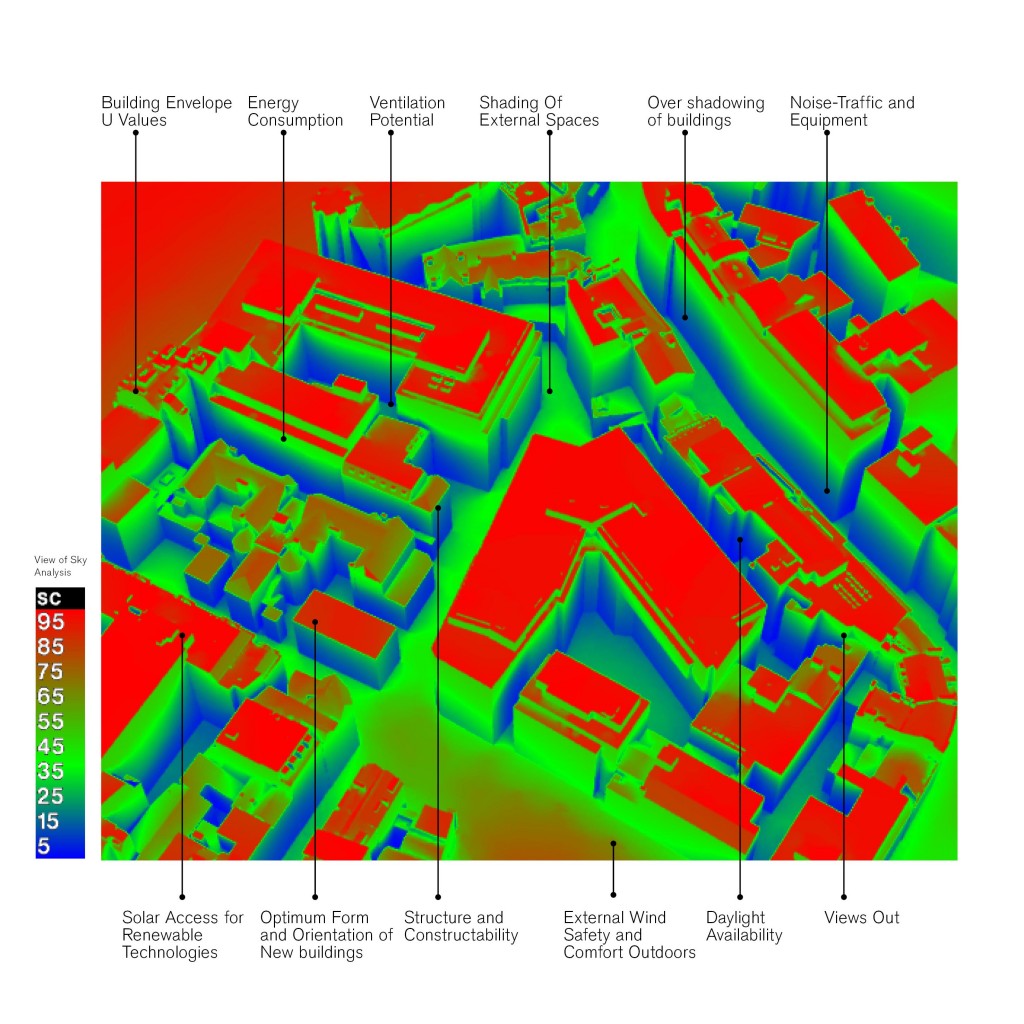 The simulation of a portion of London using Radiance, shows Vertical Sky Component numbers. 